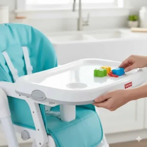 Close-up showing the one-hand adjustable and dishwasher-safe tray feature of a popular Fisher-Price high chair model.