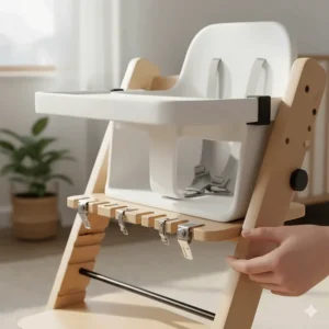 Close-up of the adjustable wooden baby high chair showing the height settings and secure locking mechanism.