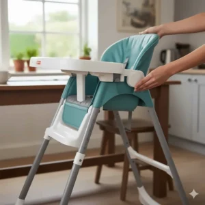 Image demonstrating the multi-position height adjustment for the Fisher-Price high chair, making it suitable for various table heights.