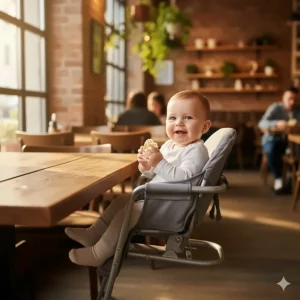 A baby secured in a clip-on travel high chair attached firmly to the edge of a restaurant table.