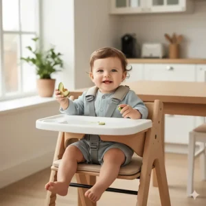 A child sitting comfortably in the ergonomic seat of the non-toxic high chair, showing proper posture and support for mealtime.