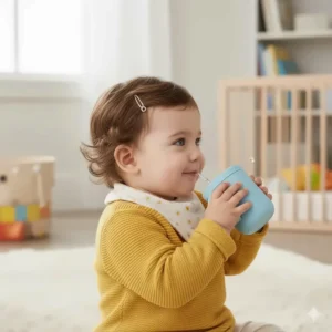 A profile view of a 10-month-old baby actively holding and drinking from their first sippy cup, a key developmental milestone.