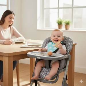 Happy baby enjoying a meal while sitting comfortably in the secure clip-on high chair right at the family table.