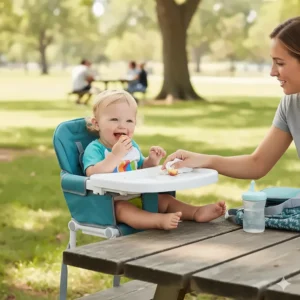 A happy toddler is comfortably seated in a **portable high chair** attached to a picnic table at an outdoor park.