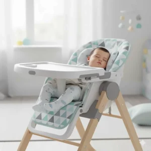 Baby comfortably sleeping in the fully reclined position of a versatile high chair.