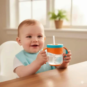 An image of a baby holding an easy-grip straw cup with two hands.