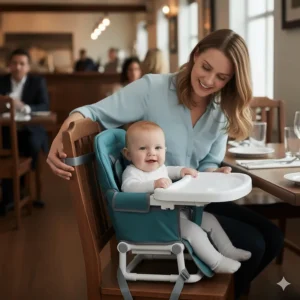 A parent securely fastens a compact **portable high chair** onto a restaurant dining chair before placing their baby in it.