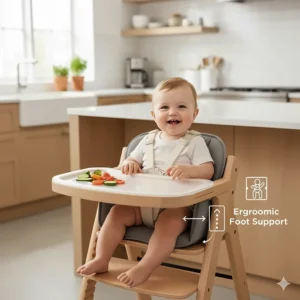 Happy baby comfortably seated in a high chair with adjustable footrest, demonstrating proper leg support.