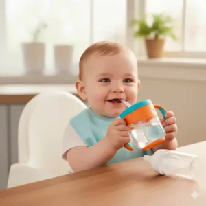Illustration of a baby successfully transitioning from a bottle to a straw cup.