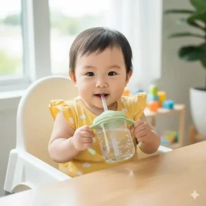 An illustration of a 9-month-old learning to use a weighted straw cup, an excellent choice for developing sipping skills in 6-9 month old babies.