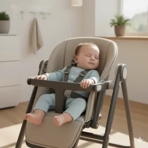 An infant comfortably seated in the reclined position of a top-rated collapsible high chair.