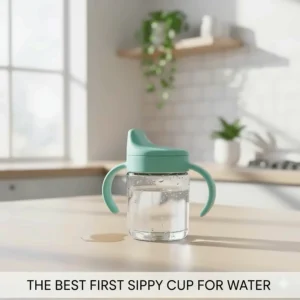 A small, lightweight sippy cup filled with water, marketed as the best first sippy cup for a 6 month old baby transitioning from breast milk or formula.