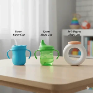 A comparison of the best sippy cups for 10-month-old babies, showing examples of straw, spout, and 360-degree rim designs.