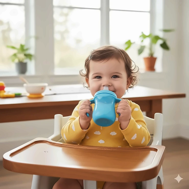 A happy 8-month-old baby girl drinks water from one of the best sippy cups for 6-9 month old babies, illustrating the easy transition from bottle to cup.