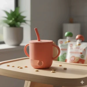 A small, weighted-straw sippy cup model, a good alternative for a 6-month-old starting to learn to sip.