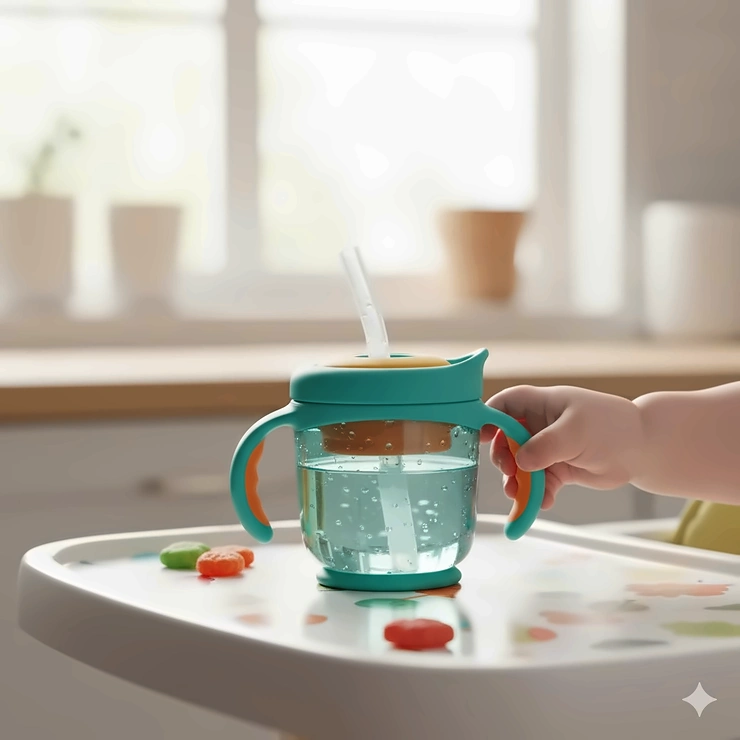 Best straw cup for baby on a colorful high-chair tray, ready for a toddler to use.