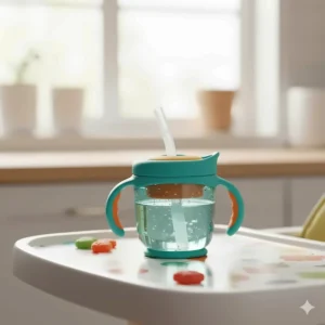 Close-up of a brightly colored spill-proof straw cup with handles for a baby.