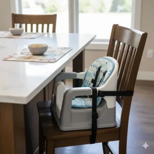 Portable counter height booster seat that straps onto a standard kitchen chair.