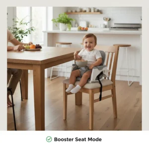 A toddler sitting at a dining table in the booster seat configuration of the convertible high chair.