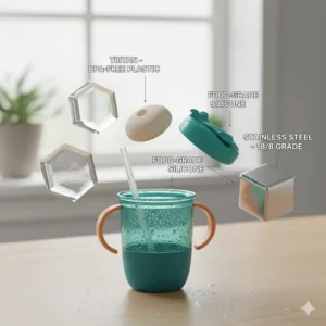 Graphic showing a BPA-free, food-grade material used in the construction of a baby straw cup.