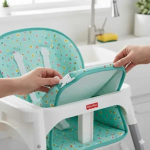 Detail shot illustrating how to easily remove and clean the seat pad of a Fisher-Price high chair for quick sanitation.