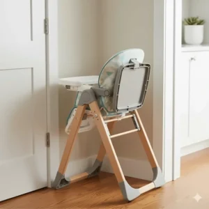 The reclining high chair shown in its compact fold position for convenient storage.