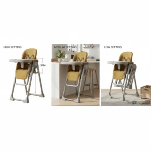 Illustration demonstrating the multiple adjustable height settings of the best compact high chair models.