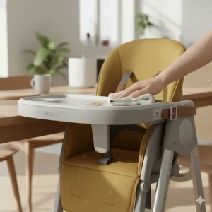 Parent wiping down the waterproof, stain-resistant fabric seat cover of the compact high chair after a meal.