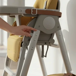 Close-up of the easy, one-hand folding mechanism on a compact high chair.