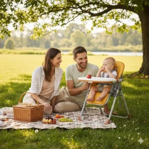 Family using a lightweight, portable compact high chair while having a picnic outdoors.