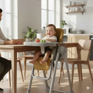 Modern kitchen scene showing a baby seated in a space-saving compact high chair at the dining table.