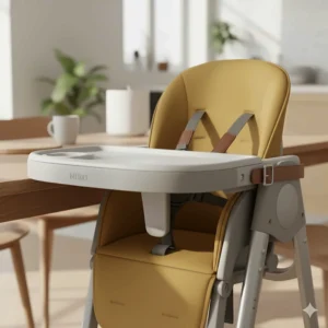 Detailed view of the dishwasher-safe feeding tray and secure five-point harness on the compact high chair.