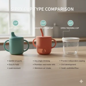Comparison chart of different types of starter sippy cups suitable for babies around 6 months old.