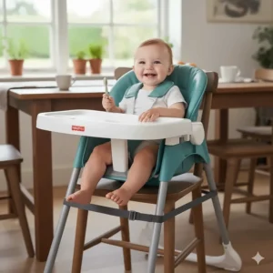 Photo showing the versatile design, converting the Fisher-Price high chair into a handy toddler booster seat.