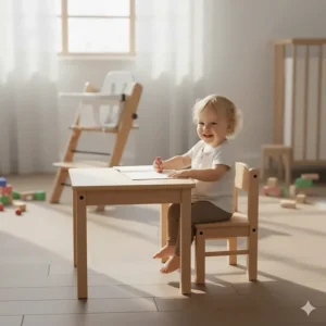The versatile convertible wooden high chair easily transforms into a small toddler table and desk set.