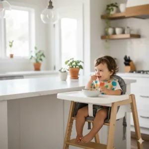 Toddler seated comfortably in a secure counter height high chair at a kitchen counter.