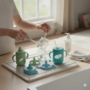 A visual guide demonstrating how to disassemble and clean all parts of the best toddler cups for 15-18 months.