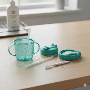 Disassembled straw cup parts laid out to show how easily it can be cleaned and sterilized.