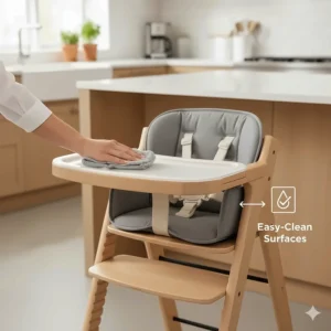 High chair with removable tray and easy-to-wipe surfaces, illustrating simple cleaning for parents.