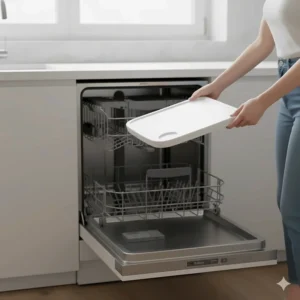 Demonstration of the dishwasher-safe, removable tray on this non-toxic high chair, highlighting its easy-to-clean design.