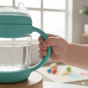 Focus on the ergonomic, easy-to-grip handles of a sippy cup, making it easy for a 7 month old baby to hold and control.