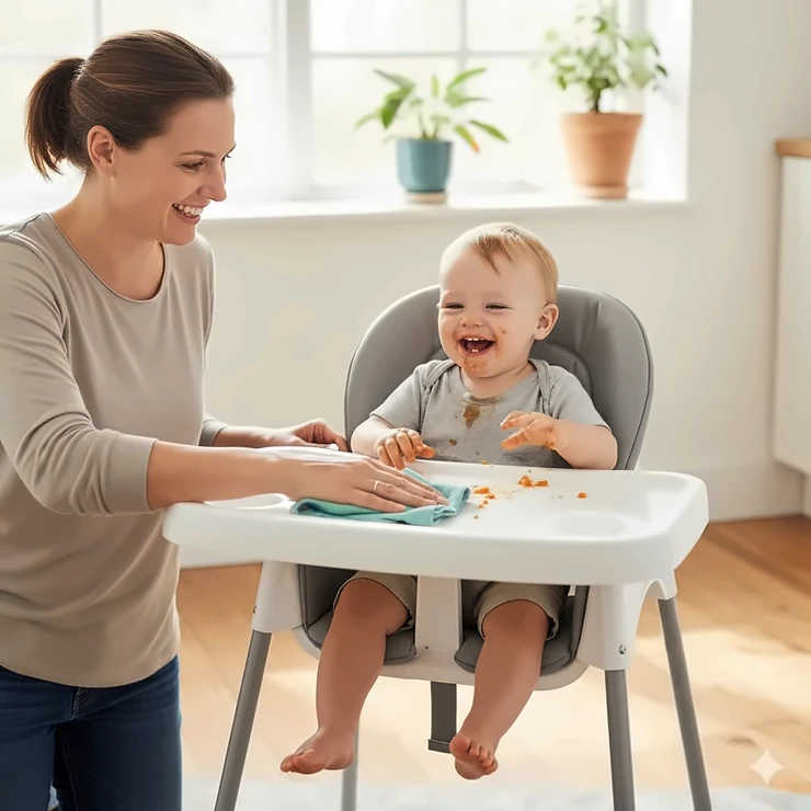 A parent quickly wiping down the easy to clean high chair tray after a messy toddler meal with a smile.