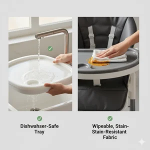 Close-up of a dishwasher-safe tray and wipeable seat cushion, highlighting the best convertible high chair for easy cleaning.