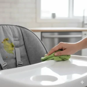 Detail of the easy-to-clean high chair material and dishwasher-safe tray, essential for baby feeding.