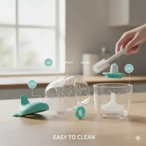 Image demonstrating the disassembled, easy-to-clean parts of a hygienically safe sippy cup for babies.