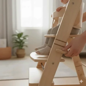 Detail of the adjustable ergonomic footrest on the wooden baby chair, providing comfortable support for the child.