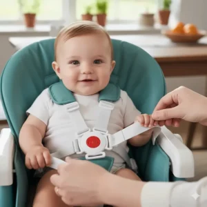 Clear view of the secure 5-point harness system on this Fisher-Price high chair, highlighting baby safety features.