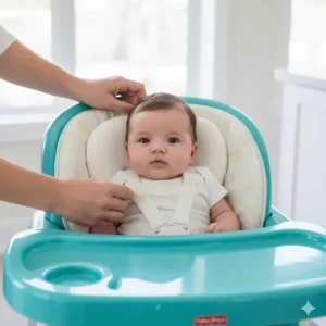 Illustration of the infant support insert being used, showing how the Fisher-Price high chair adapts for younger babies.