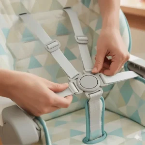 Illustration of the five-point safety harness system that secures the child in the reclining high chair.