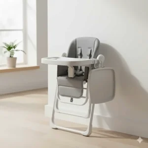 Space-saving, folding counter height high chair with a removable tray shown collapsed for storage.